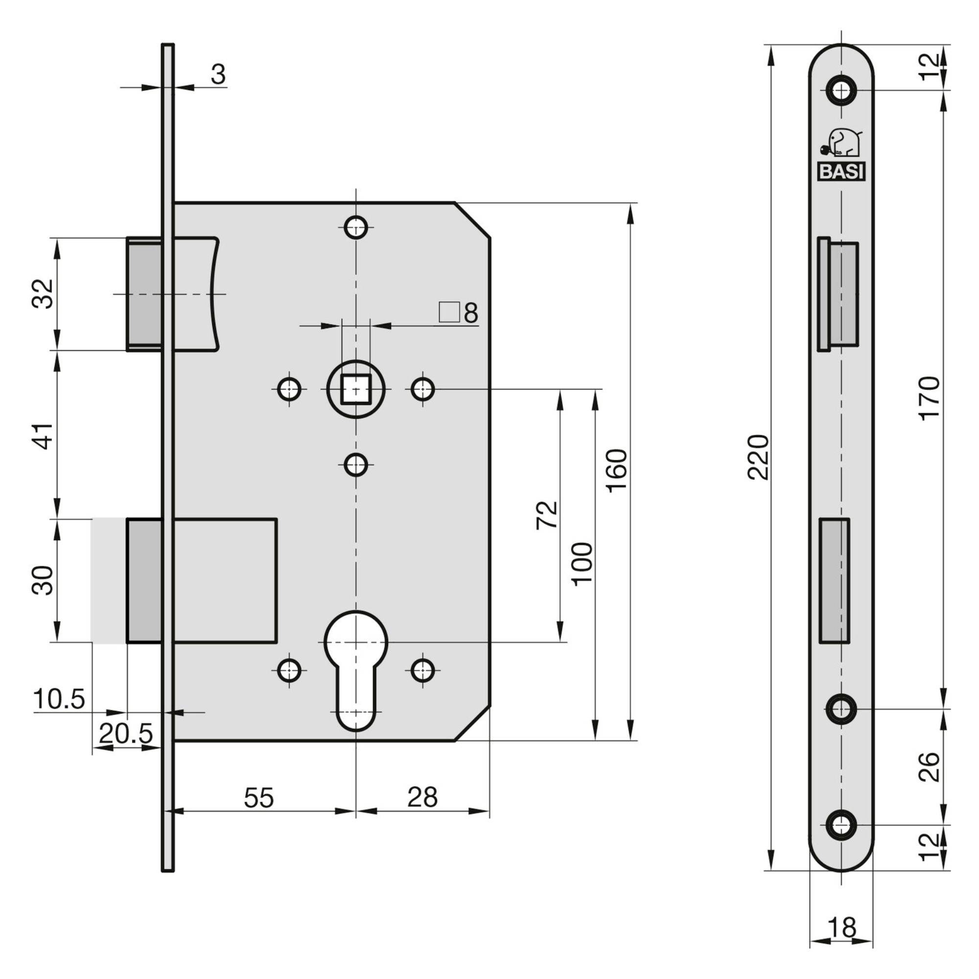 Dessin technique d'une serrure à encastrer avec cotations. Présente une vue de face et une vue latérale, incluant les perçages et les dimensions.