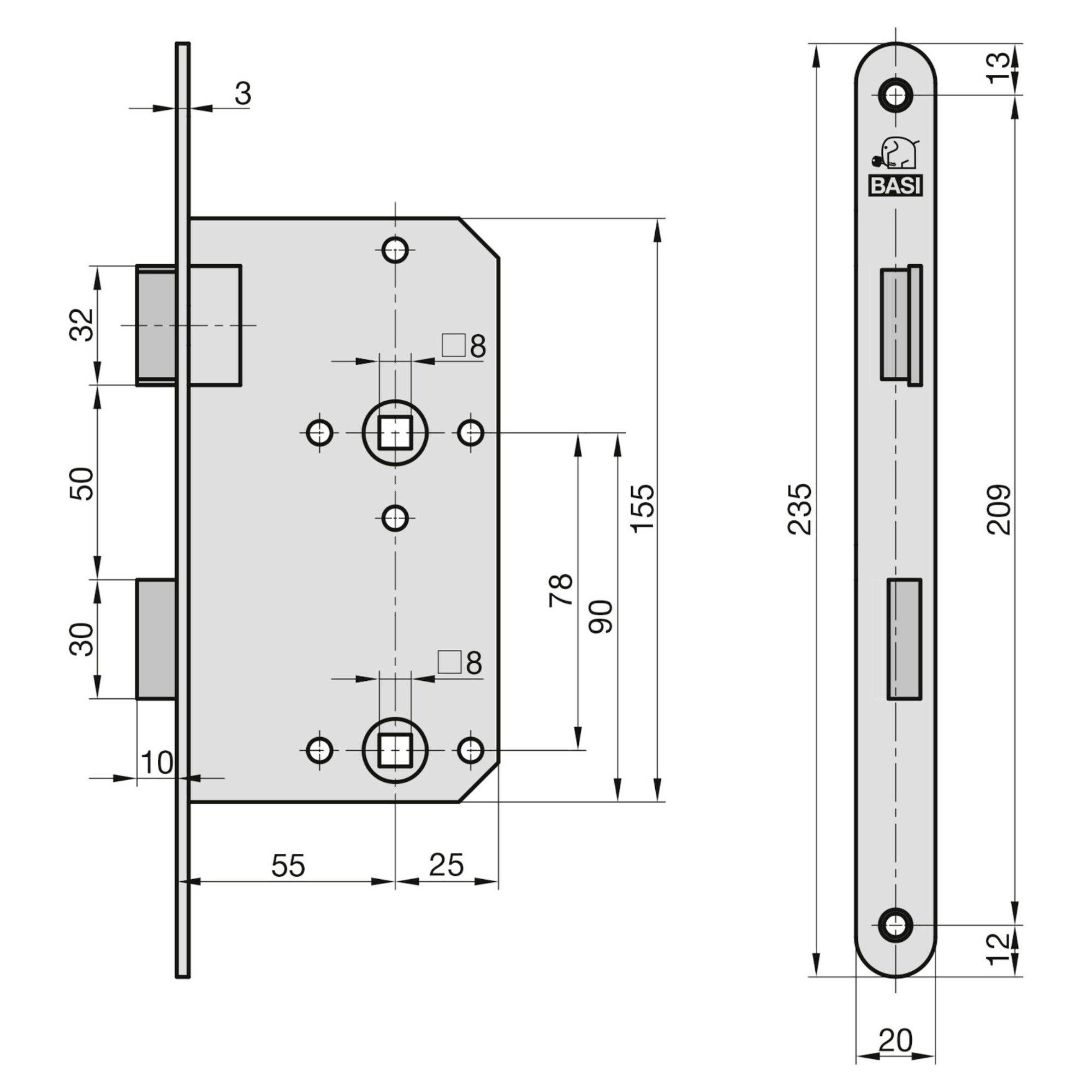 Dessin technique d'une serrure de porte avec cotations. Présente la vue latérale et la vue de la plaque de serrure avec des dimensions en millimètres.