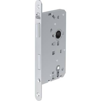 Mécanisme de serrure à mortaise en argent avec différents trous et encoches sur sa plaque frontale, adapté à l'installation de portes et aux systèmes de verrouillage.