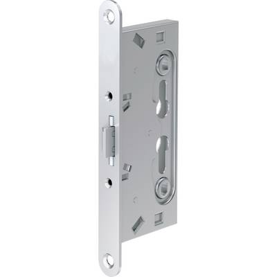 Mécanisme de serrure de porte en métal, finition argentée, présentant plusieurs découpes et points de loquet, conçu pour une installation sécurisée de porte.