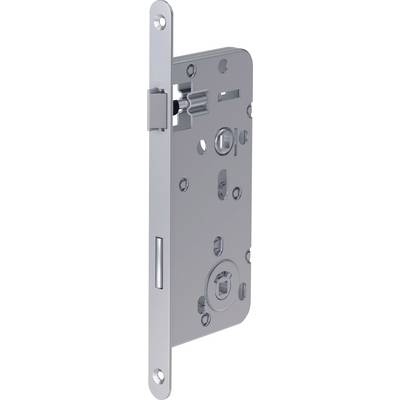 Un boîtier de serrure à mortaise en argent avec plusieurs trous de vis, un trou de carré pour axe et un trou de loquet, conçu pour l'installation sur porte.
