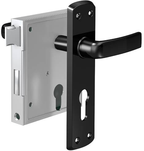 Serrure de porte avec poignée noire et mécanisme de verrouillage apparent, convenant à une utilisation en intérieur.