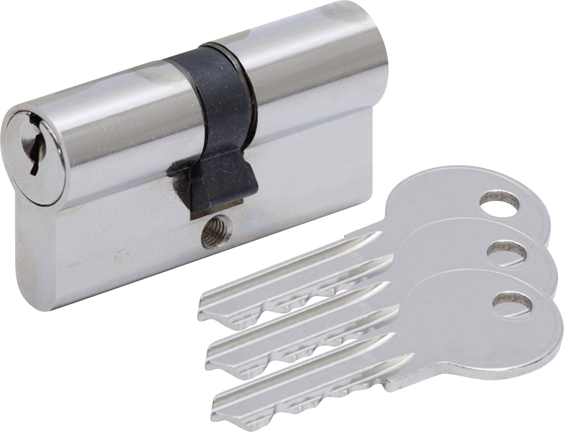 Un cylindre de serrure argenté avec trois clés correspondantes.