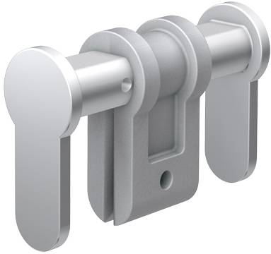 Deux serrures cylindriques grises, montées sur une tige métallique, avec des leviers verticaux, destinées à sécuriser des équipements ou des portes.
