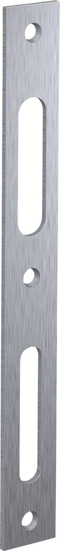 Une fine pièce rectangulaire en métal comportant plusieurs trous et des découpes ovales le long de sa longueur, probablement destinée à des fixations.