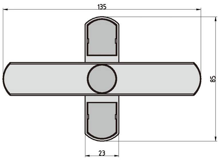Dessin technique d'un composant en forme de T avec les dimensions suivantes : 135 unités de largeur, 85 unités de hauteur et 23 unités de largeur d'ouverture.