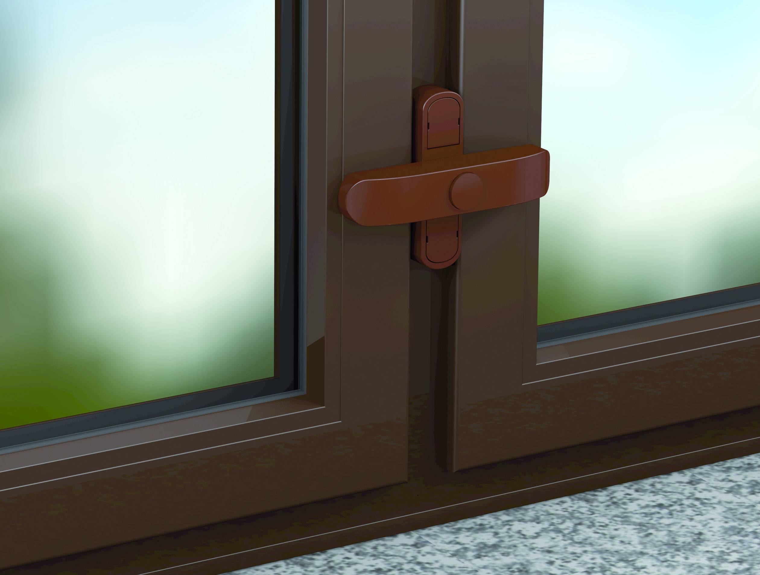 Gros plan sur un cadre de fenêtre brun avec un verrou de sécurité empêchant l'ouverture. Derrière la vitre, la nature apparaît floue.