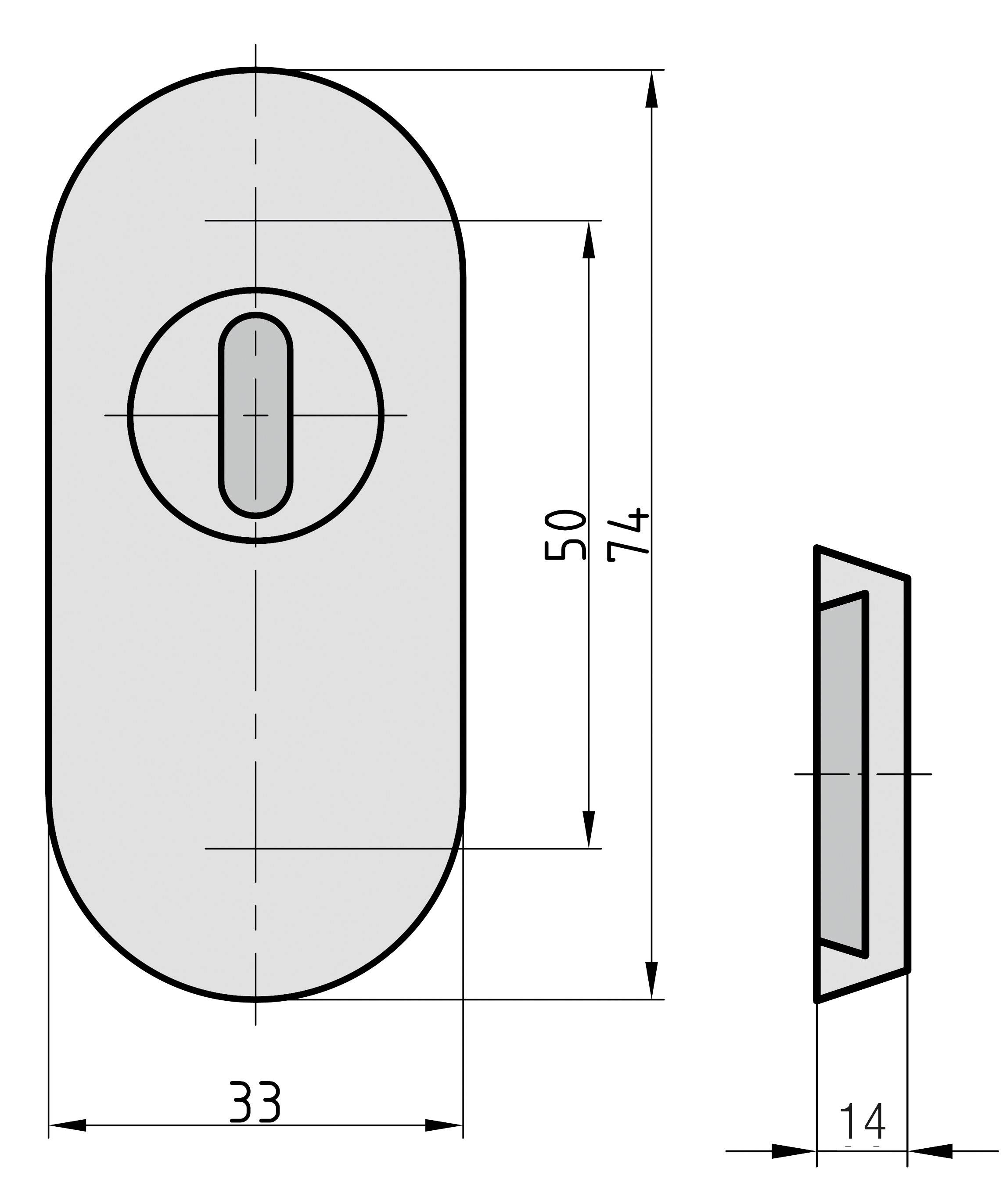 Illustration d'un écusson de serrure ovale avec dimensions : hauteur de 74 mm, largeur de 33 mm. Vue latérale montrant une profondeur de 14 mm.