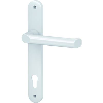 Ensemble de poignée de porte, comprenant une plaque rectangulaire longue avec une poignée intégrée et un trou de serrure, de couleur argent.
