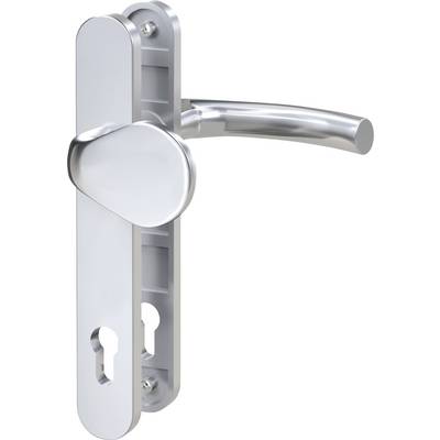 Ensemble de poignées de porte en argent avec longue plaque et poignée à levier. Adapté pour les portes avec serrures à encastrer.