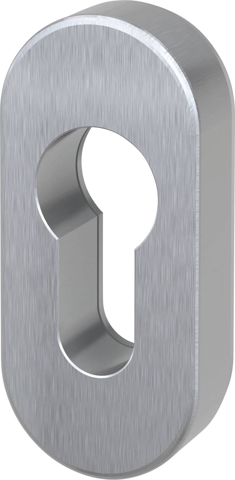 Un écusson de serrure en forme de trou de clé, en métal, conçu pour couvrir un mécanisme de serrure, avec une finition en acier brossé et une forme ovale.