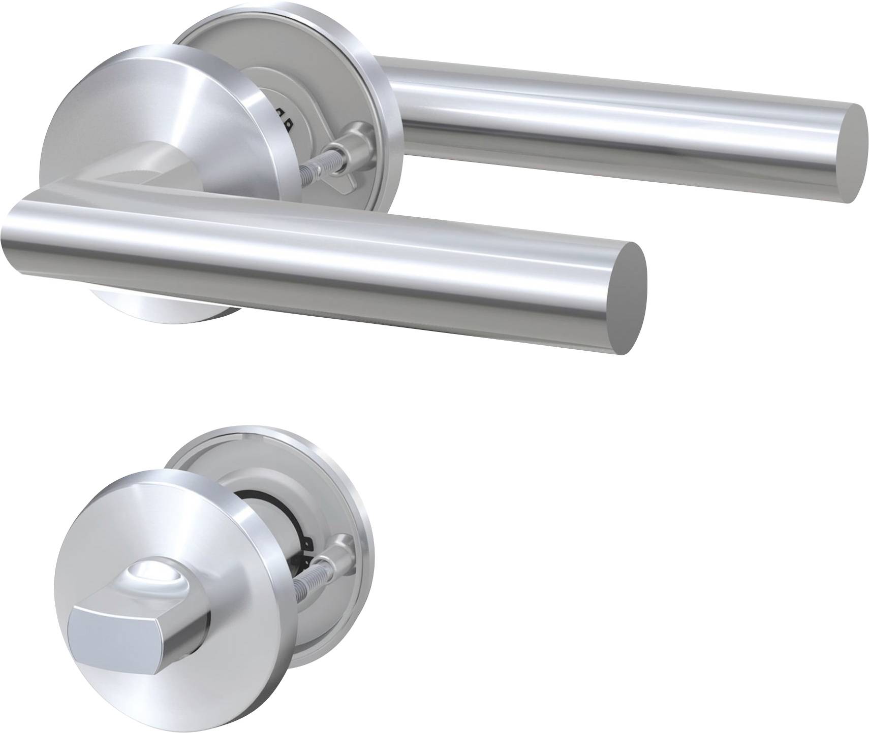 Une poignée de porte en argent cylindrique moderne avec une serrure ronde assortie, présentant un design épuré adapté aux intérieurs contemporains.