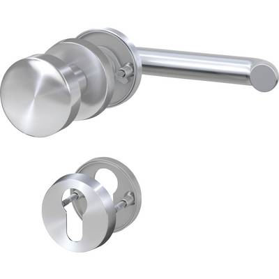 Une poignée de porte chromée avec rosace ronde et trou de serrure assorti. Design moderne en métal.