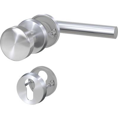 Ensemble de poignées de porte en acier inoxydable au design arrondi, composé d'une poignée de porte et d'une rosace de serrure assortie.