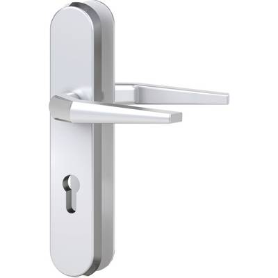 Ensemble de poignées de porte en argent avec trou de serrure, design moderne et épuré.