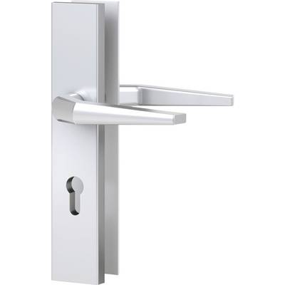 Une poignée de porte moderne en argent avec une rosace rectangulaire et un trou de serrure, adaptée aux portes intérieures.
