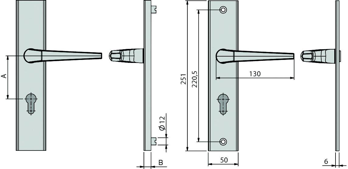 Dessin technique d'une poignée de porte présentant des dimensions et des spécifications précises en millimètres.
