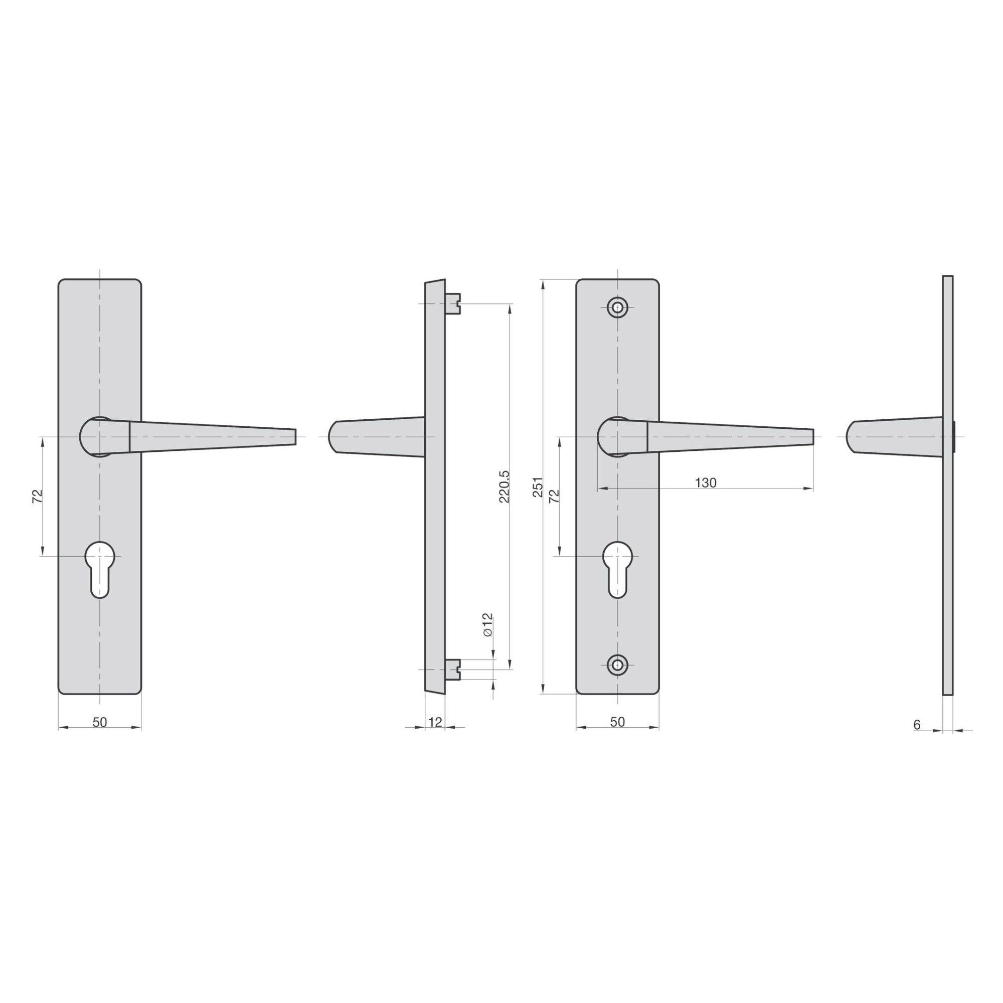 Dessin technique d'un ensemble de poignées de porte avec dimensions en millimètres : hauteur 230, largeur 50, projection 62. Présente les vues de face et de côté.