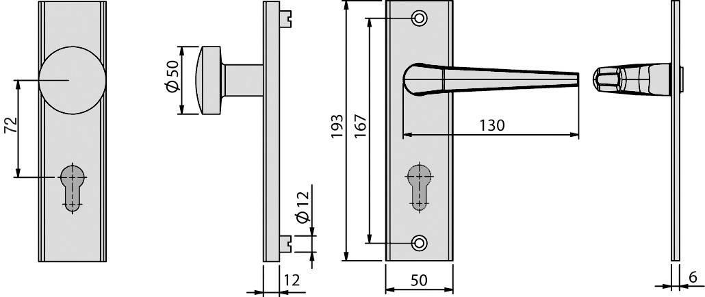 'Dessin technique d'un ensemble de poignées de porte avec dimensions précises : Plaque longue 193x50 mm, poignée 130 mm, bouton Ø50 mm.'