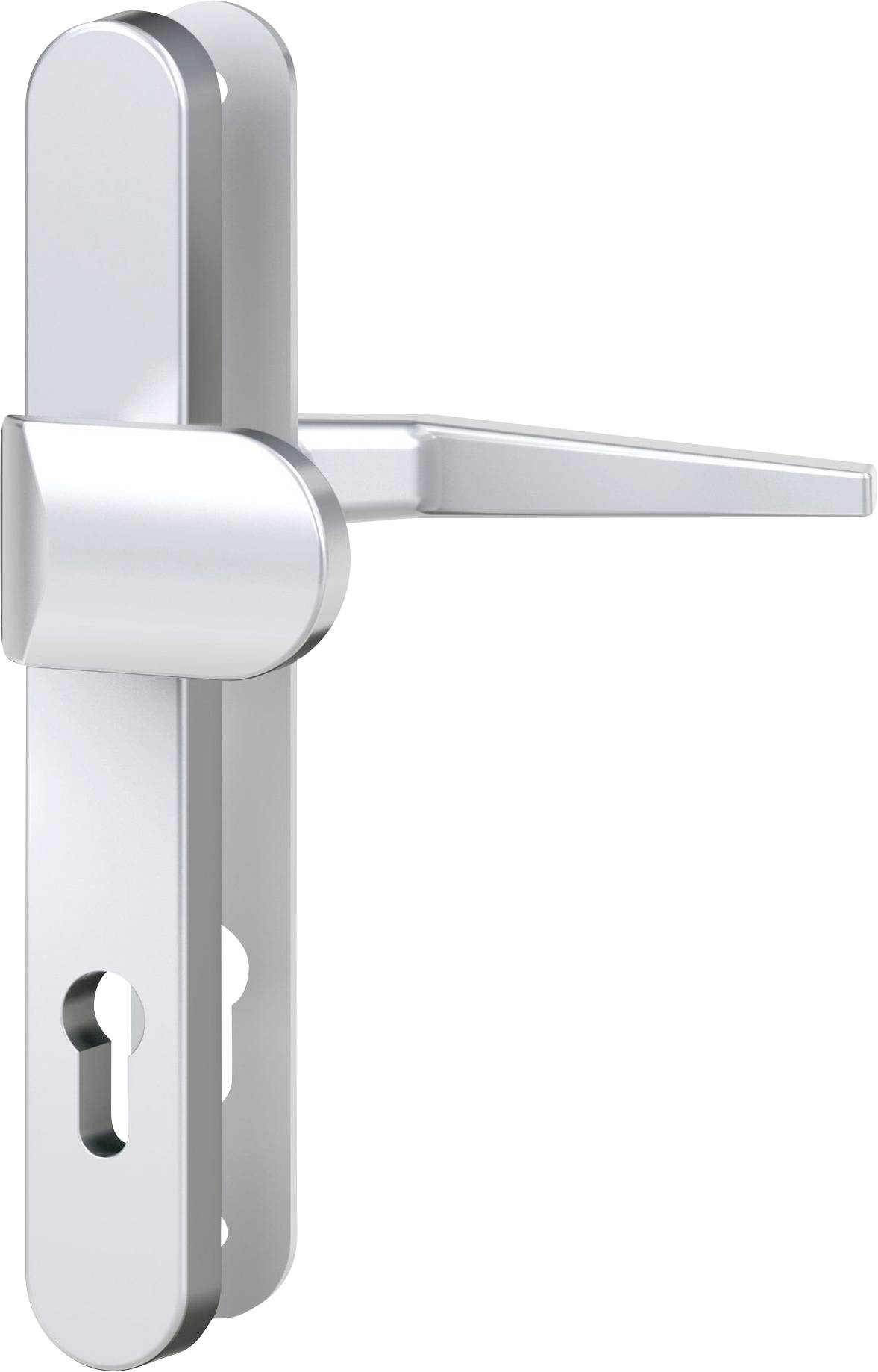 Une poignée de porte en métal argenté avec trou de serrure, conçue pour une porte moderne.