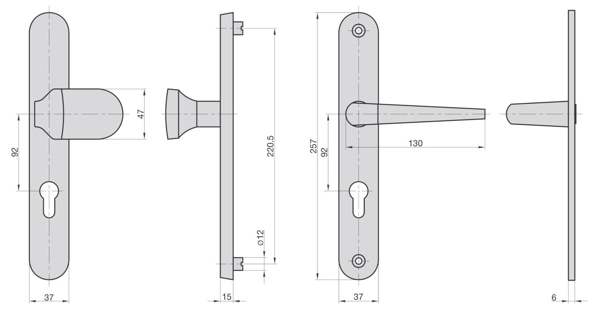 « Dessin technique d'un ensemble de poignée de porte : vue latérale avec serrure et dimensions ; la vue de dessus montre un bouton ; la vue latérale montre une poignée de levier. »