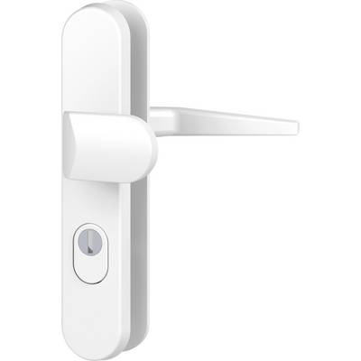 Ensemble de poignées de porte blanches avec trou de serrure, design moderne, adapté aux portes intérieures.