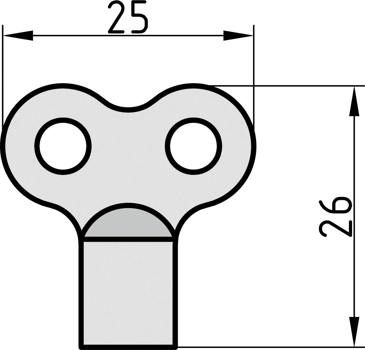 Dessin technique d'une clé à deux trous avec indications dimensionnelles : largeur 25 mm, hauteur 26 mm.