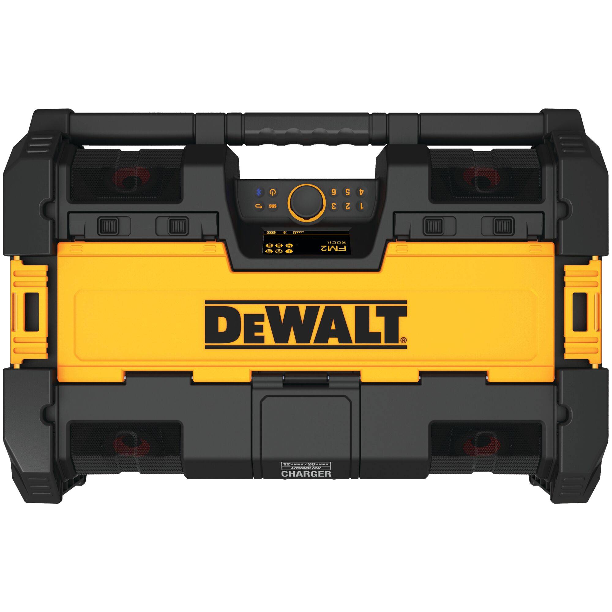 Enceinte radio portable DeWalt noir et jaune avec boîtier robuste et panneau de commande. Adaptée aux chantiers.