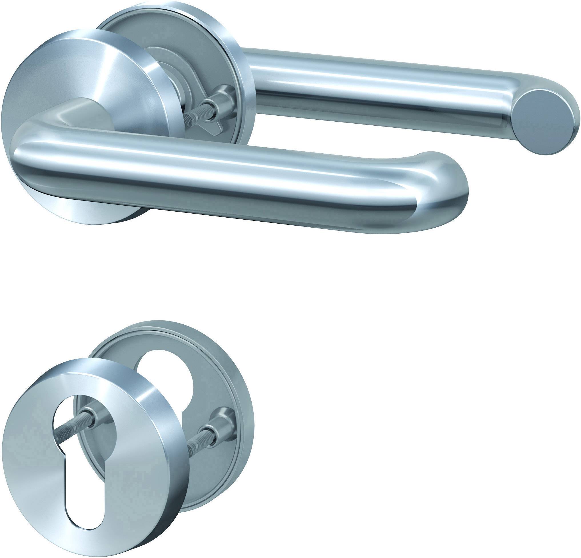 Une paire de poignées de porte en argent et une plaque de serrure assortie au design moderne, en métal brillant.