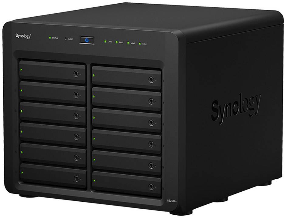 Un boîtier NAS noir de Synology avec douze emplacements pour disques durs et des voyants d'état verts.