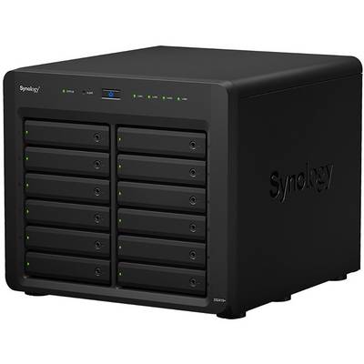 Un boîtier NAS noir de Synology avec douze emplacements pour disques durs et des voyants d'état verts.