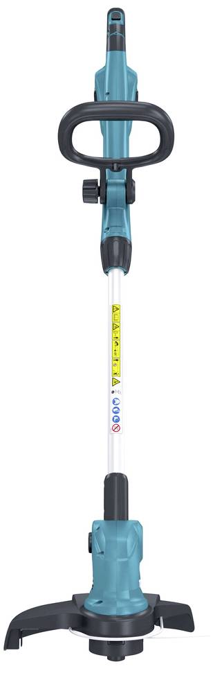 Tondeuse électrique bleue avec poignée noire et protection, adaptée pour tailler les surfaces enherbées.