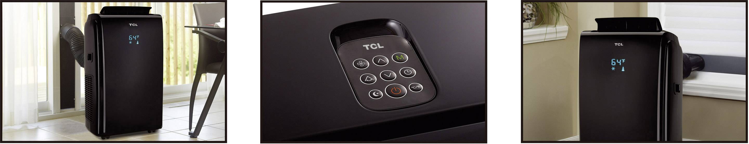 Un climatiseur mobile est placé dans la pièce, avec un panneau de commande et un affichage numérique. Il est branché à une fenêtre.