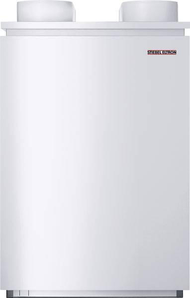 Un appareil de chauffage blanc avec deux évacuations rondes en haut. L'appareil porte un logo de marque rouge dans le coin supérieur droit.