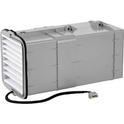 Appareil de ventilation rectangulaire gris avec grille. Utilisé dans des applications techniques pour la circulation de l'air.