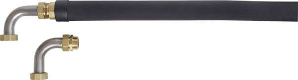 Un tronçon de tube noir isolé avec des connexions métalliques dorées à chaque extrémité, de forme coudée. Usage industriel.