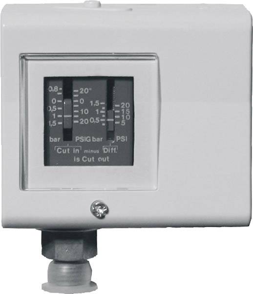 Un interrupteur de pression avec échelle pour l'affichage des valeurs de pression en bar et PSI. Indique les points de mise en marche et d'arrêt.