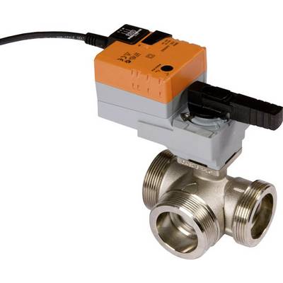 Vanne à trois voies avec entraînement électrique, adaptée au contrôle du débit dans les systèmes de tuyauterie. L'entraînement est orange et gris.