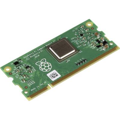 Un module Raspberry Pi Compute avec une carte électronique verte. Jeu de puces du processeur central visible, entouré de composants électroniques.