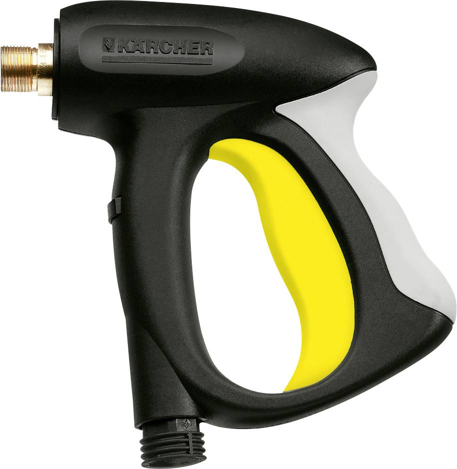 Poignée de pistolet de nettoyeur haute pression, noir et jaune avec raccord en laiton, design ergonomique pour un travail confortable et sécurisé.