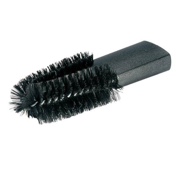 Brosse de nettoyage ronde noire avec des poils, adaptée pour un nettoyage en profondeur de différentes surfaces.
