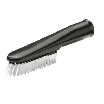 Embout d'aspirateur noir avec des poils blancs, adapté au nettoyage des textiles et des surfaces délicates.