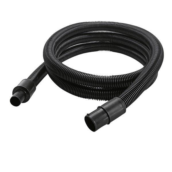 Un tuyau noir, flexible, avec un design nervuré et des raccords à chaque extrémité, adapté pour la connexion dans un système d'aspiration.