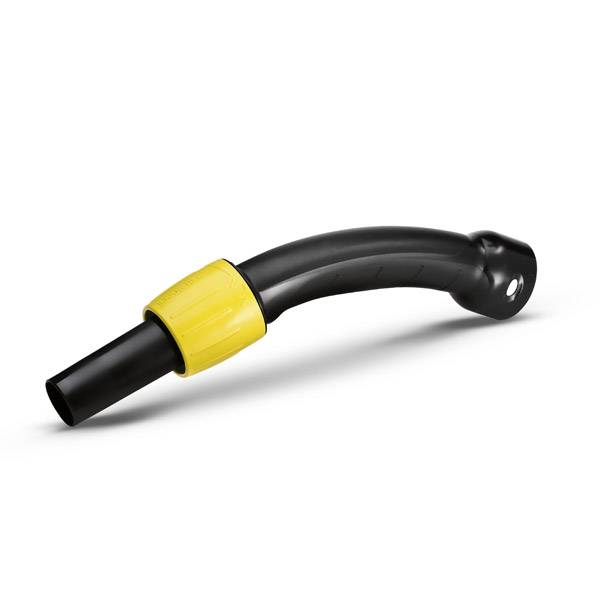 Un déboucheur noir courbé avec une poignée jaune, posé sur une surface blanche. Adapté pour déboucher les canalisations.
