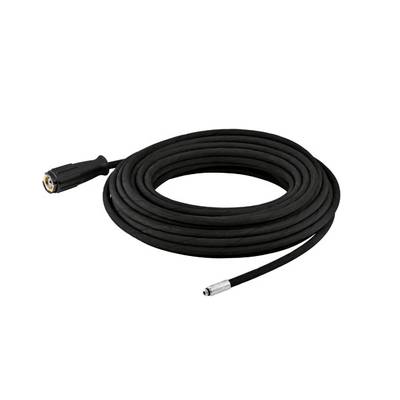 Tuyau haute pression noir, enroulé, avec un raccord à vis sur chaque extrémité, adapté pour le raccordement à un nettoyeur haute pression.