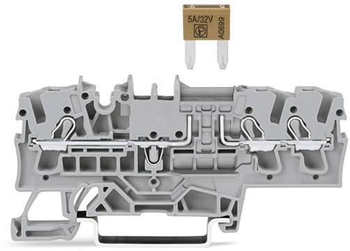 Module de borne d'installation gris avec élément de fusible amovible. Le module présente les connexions de commutation et de câblage.