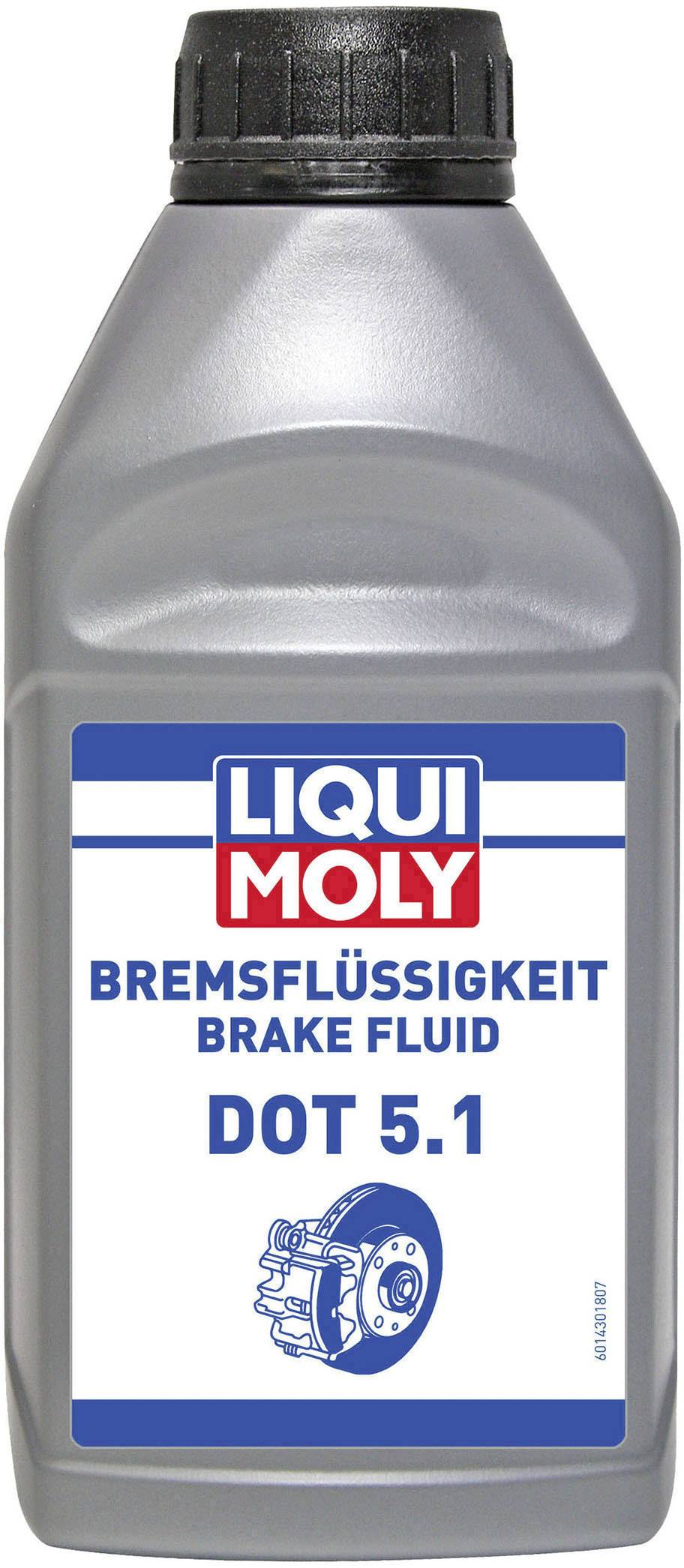 Bouteille de liquide de frein de la marque Liqui Moly, DOT 5.1, avec une image d'un disque de frein sur l'étiquette.