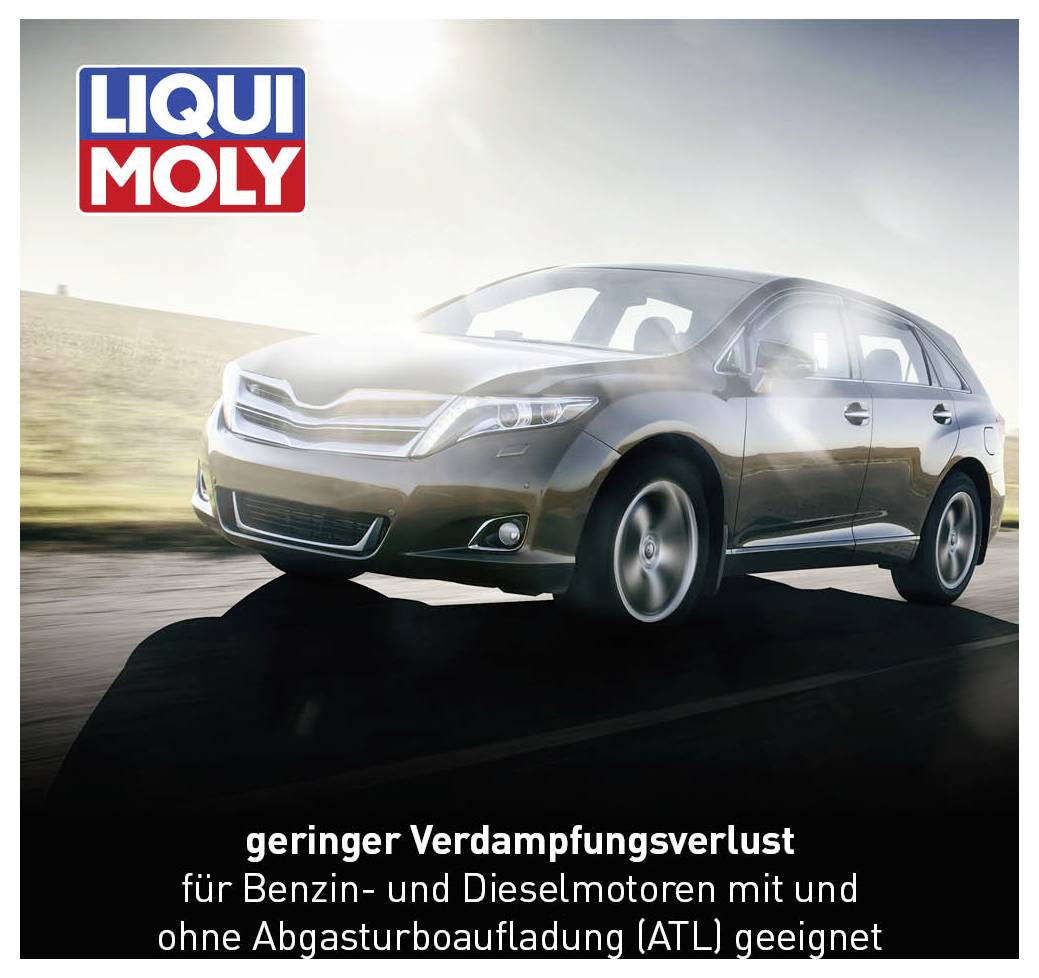Voiture sur route. Texte : 'Faible perte par évaporation, convient aux moteurs essence et diesel avec et sans turbocompresseur (TCT)'.