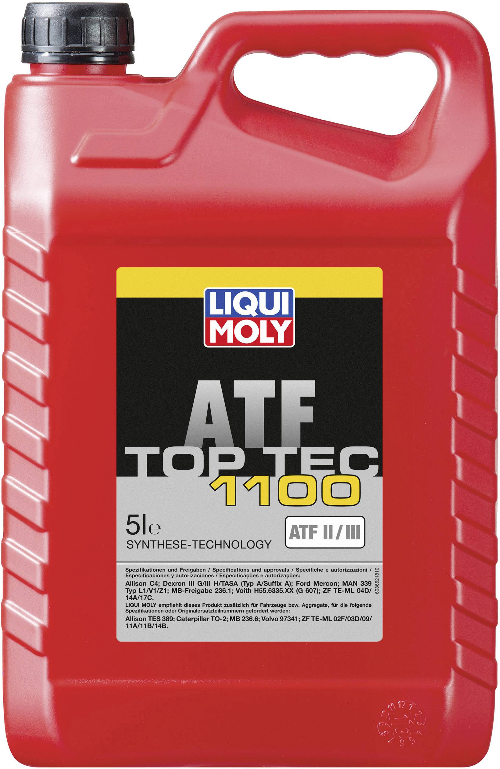 Un bidon rouge de 5 litres 'LIQUI MOLY ATF Top Tec 1100' pour huile de transmission automatique, adapté aux ATF II/III.