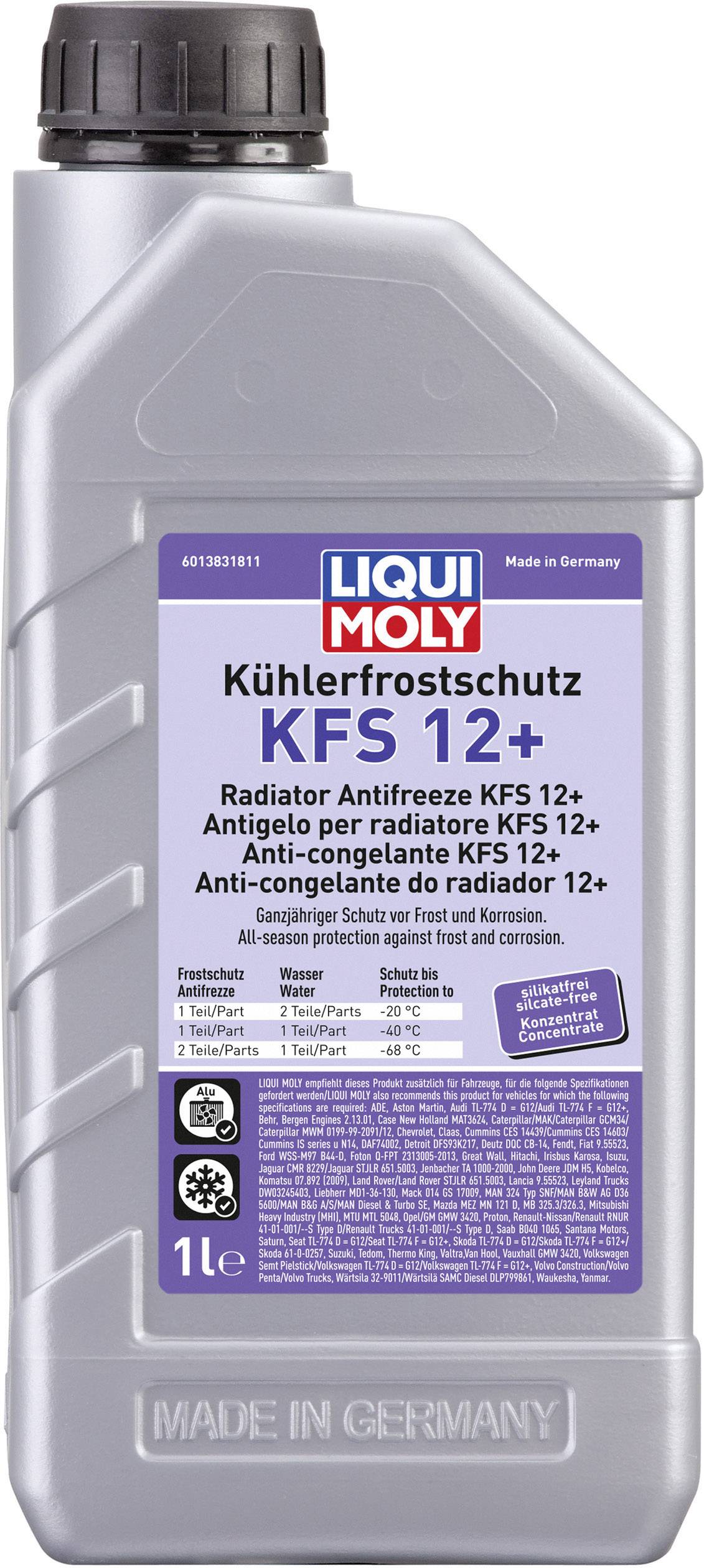 Bouteille d'antigel pour radiateur de Liqui Moly, 1 litre. Inscription : « KFS 12+ Antigel pour radiateur ». Fabriqué en Allemagne.